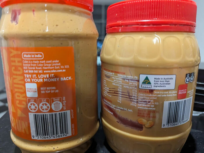 Image shows two jars of peanut butter with ingredient labels, revealing industry secrets about food products.