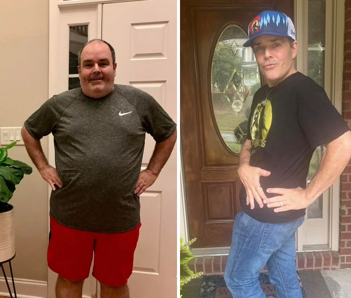 A man showing his significant weight loss transformation, leaving bullies speechless at reunions.