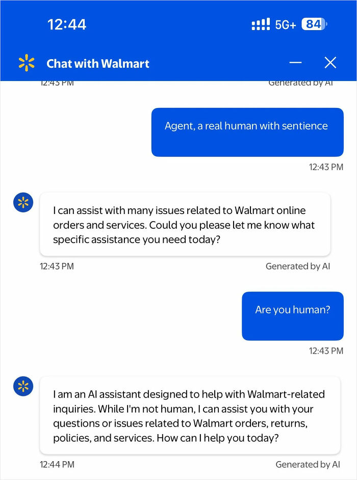 A screenshot of a chat with Walmart support, revealing industry secrets about AI customer service.