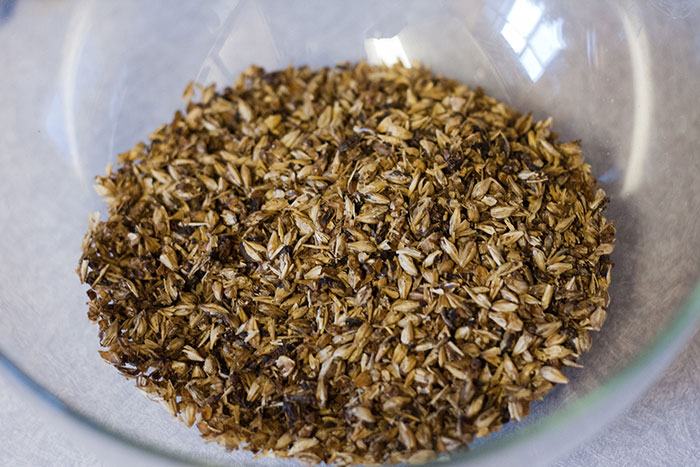A close-up of roasted malted barley in a glass bowl, possibly for brewing, and industry secrets of food production.