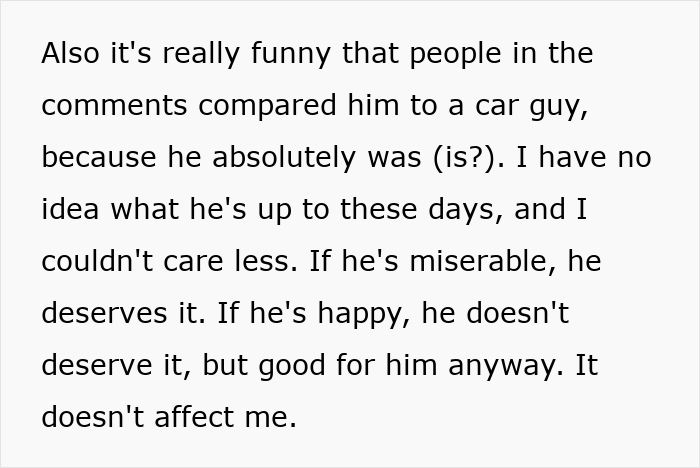 Screenshot of a comment about the ex being compared to a car guy and deserving misery, related to the introverted GF's situation. Screenshot of a comment about the ex being compared to a car guy and deserving misery, related to the introverted GF's situation.
