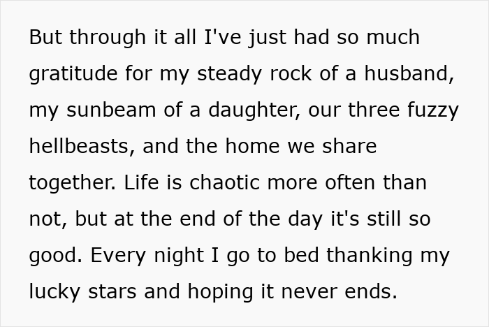 A Reddit comment expressing gratitude for family despite chaotic life, relevant to introverted GF bar crawl. A Reddit comment expressing gratitude for family despite chaotic life, relevant to introverted GF bar crawl.