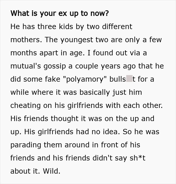 Screenshot of a comment asking What is your ex up to now?, revealing details about the introverted GF's ex. Screenshot of a comment asking What is your ex up to now?, revealing details about the introverted GF's ex.