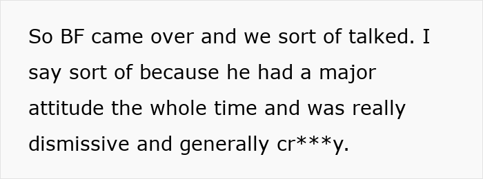 A screenshot of text describing a boyfriend's dismissive and rude attitude after a bar crawl incident. A screenshot of text describing a boyfriend's dismissive and rude attitude after a bar crawl incident.