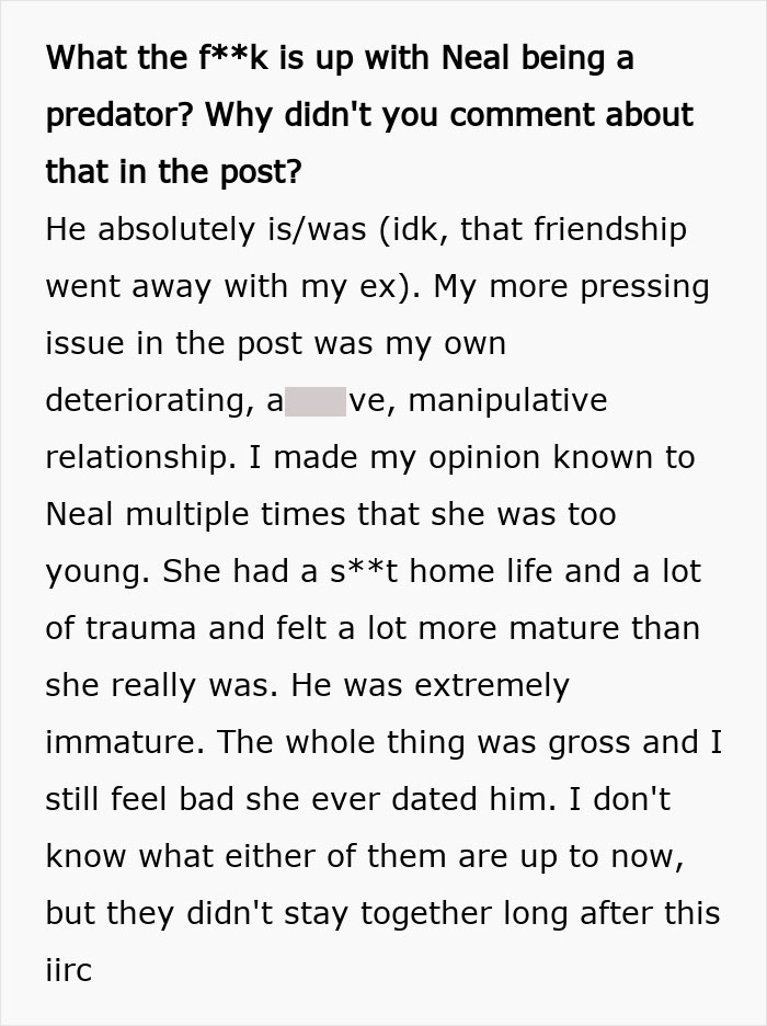 Screenshot of a comment discussing Neal being a predator and a deteriorating relationship, part of the introverted GF story. Screenshot of a comment discussing Neal being a predator and a deteriorating relationship, part of the introverted GF story.