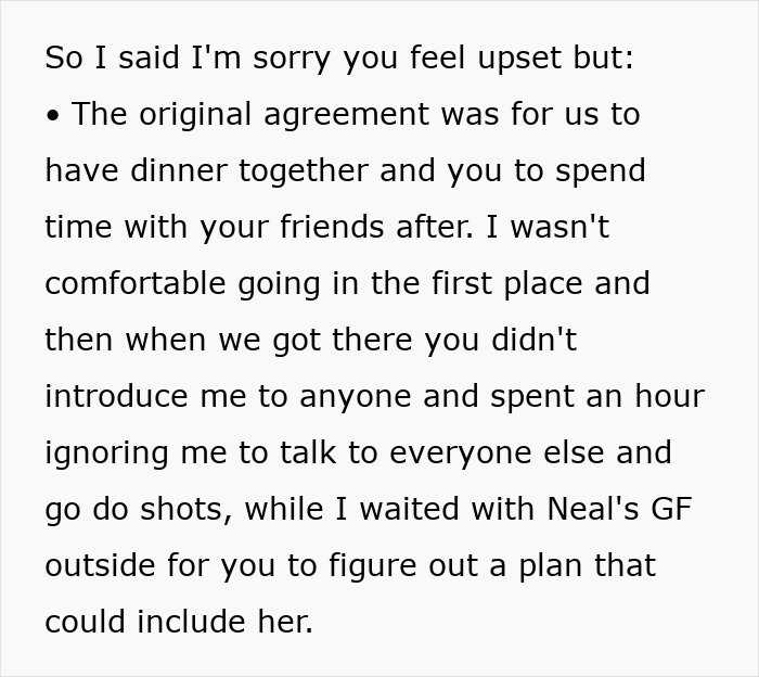 A screenshot of text discussing an introverted GF who felt ignored during a birthday bar crawl with friends. A screenshot of text discussing an introverted GF who felt ignored during a birthday bar crawl with friends.