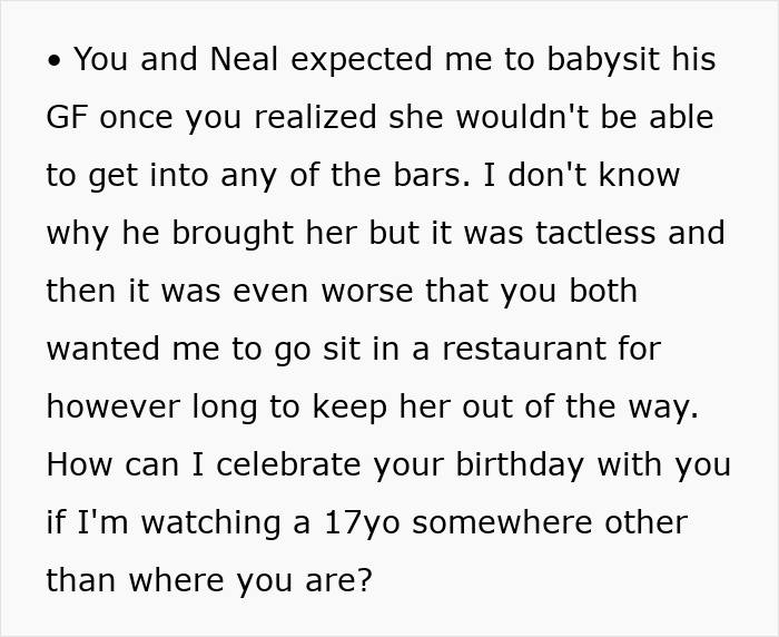 A screenshot of text detailing an introverted GF's frustration over being expected to babysit during a bar crawl. A screenshot of text detailing an introverted GF's frustration over being expected to babysit during a bar crawl.