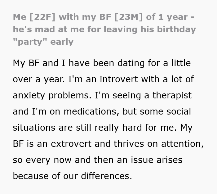Screenshot of text about an introverted GF and an extroverted BF discussing a bar crawl for his birthday. Screenshot of text about an introverted GF and an extroverted BF discussing a bar crawl for his birthday.