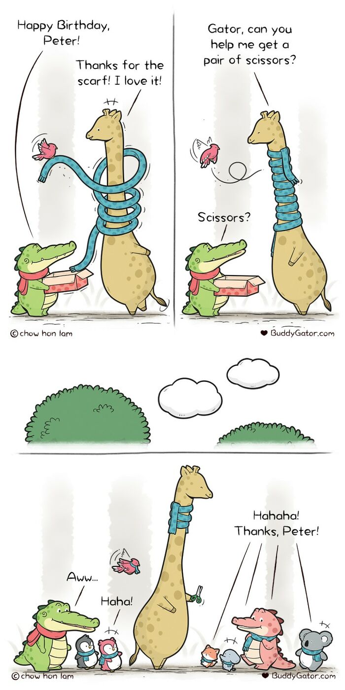 Wholesome comics of an alligator and his friends celebrating a birthday, involving a long scarf and scissors.