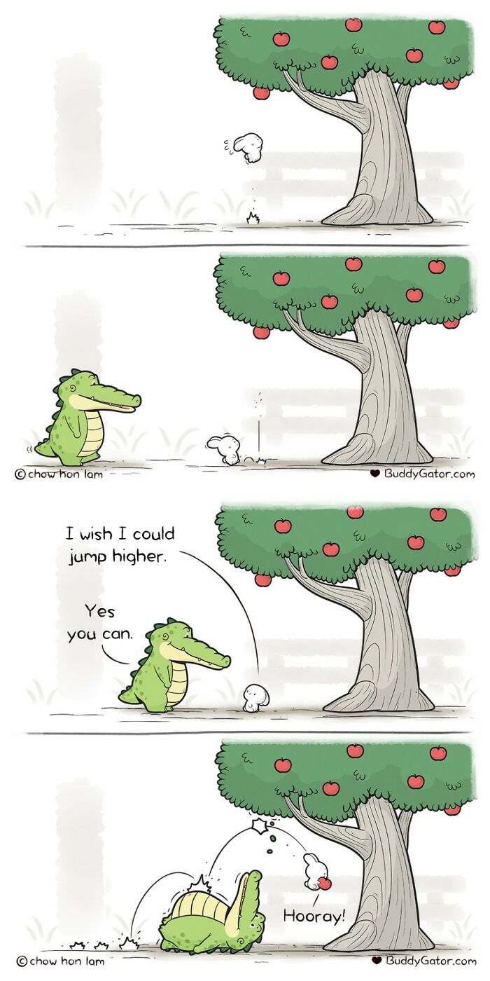 Wholesome comics: An alligator encourages a small mouse-like friend to jump higher for apples from a tree.