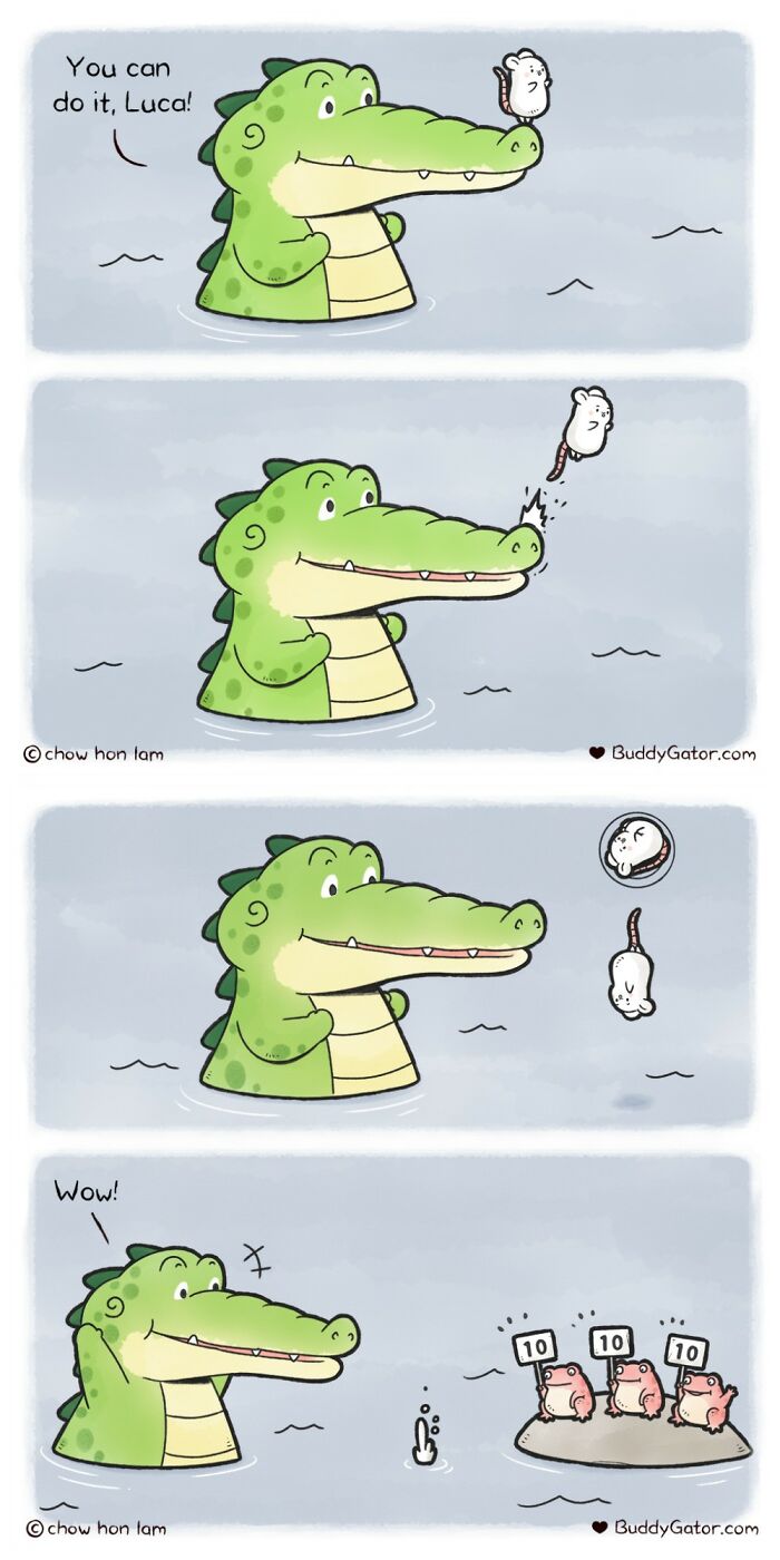 Wholesome comics: An alligator helps a small mouse-like friend perform a jump, getting cheers from frogs.