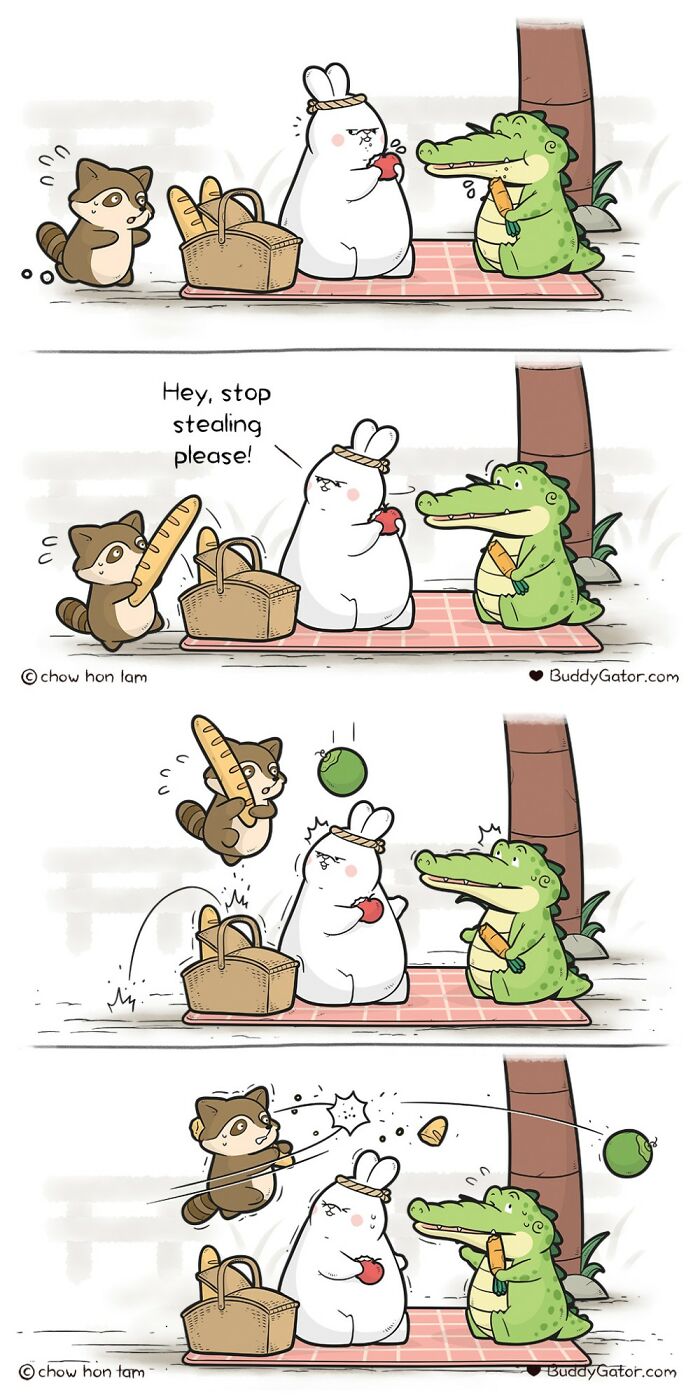 Wholesome comics: an alligator and a rabbit having a picnic, trying to stop a raccoon from stealing their food.