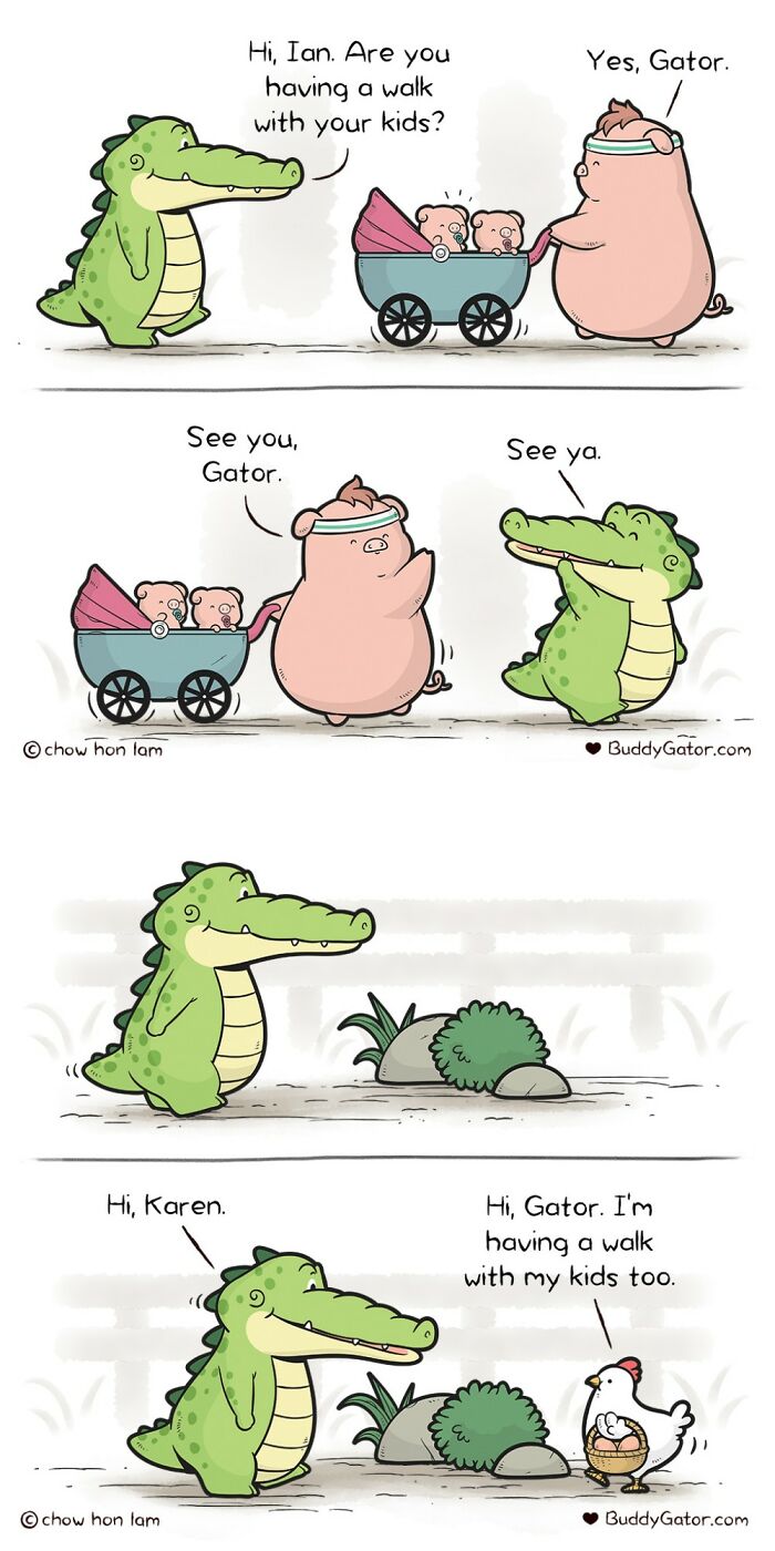 Wholesome comics: an alligator greets a pig with piglets and later a chicken with eggs, all out for walks.