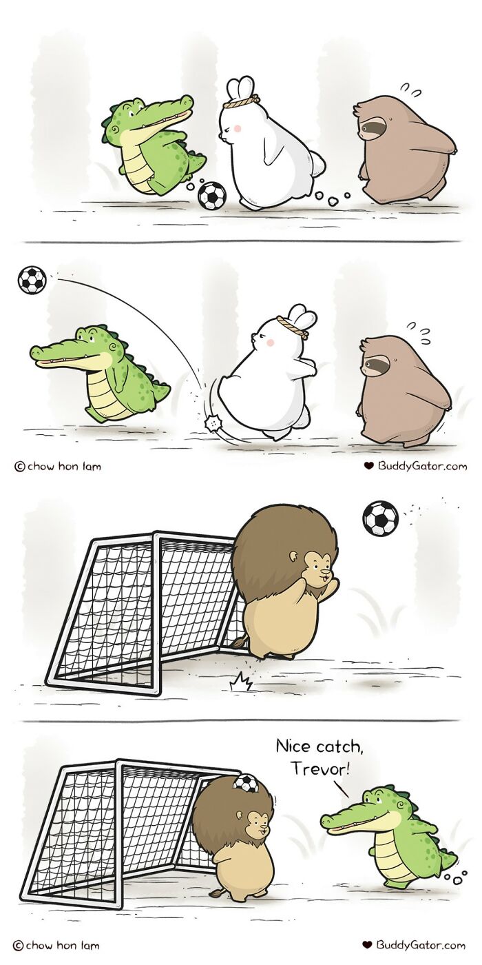 Wholesome comics: an alligator, a rabbit, and a sloth playing soccer, with a lion as goalie.