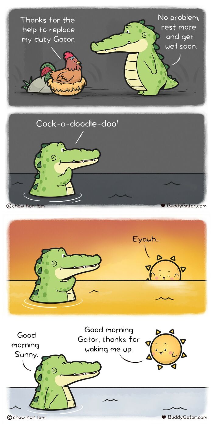 Wholesome comics showing an alligator and his friends, including a chicken and the sun, at sunrise.