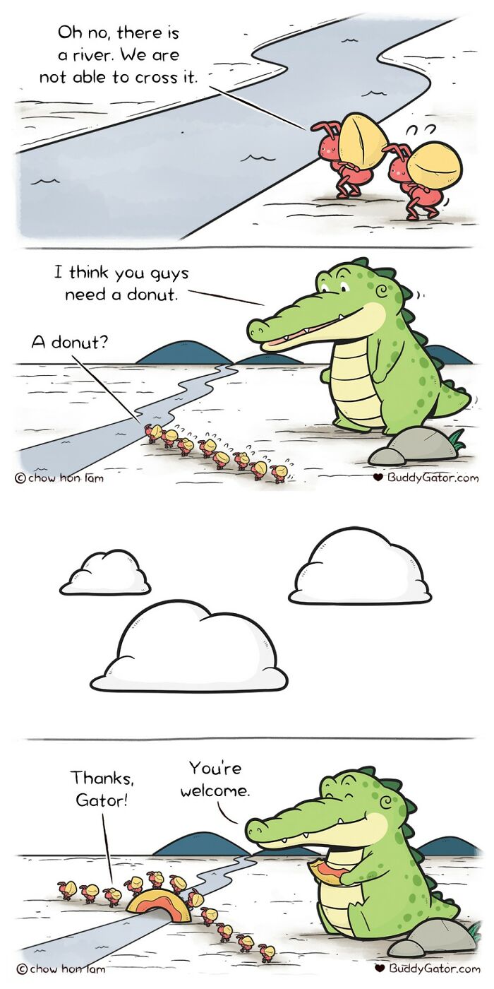 Wholesome comics about an alligator and his friends using a donut as a bridge to cross a river.