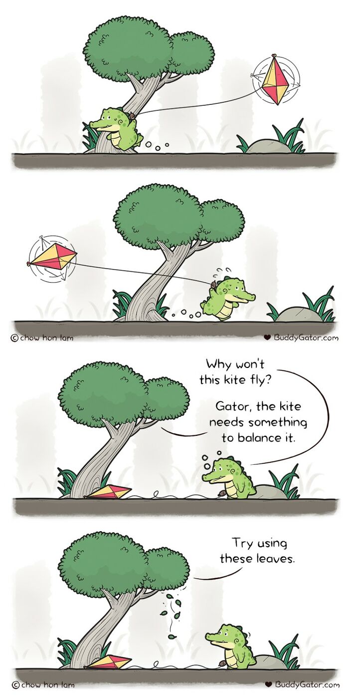 Wholesome comics about an alligator and his friends trying to fly a kite with balancing leaves.