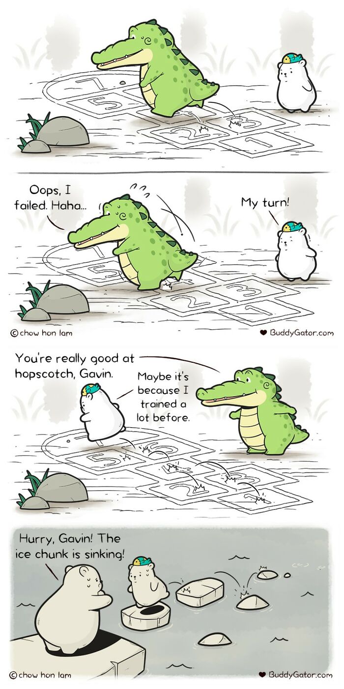 Wholesome comics featuring an alligator and his friends playing hopscotch and navigating an ice chunk.
