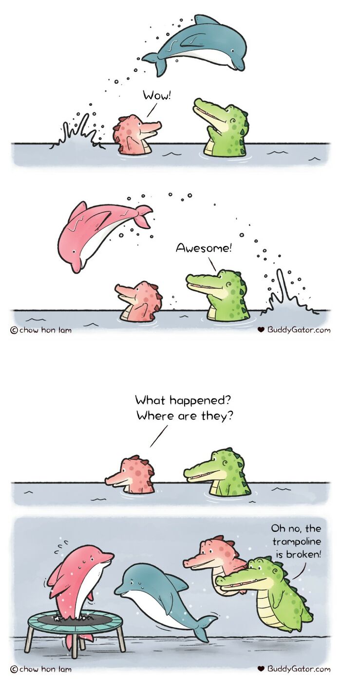 Wholesome comics: an alligator and a pink creature watching dolphins jump, then discovering a broken trampoline.
