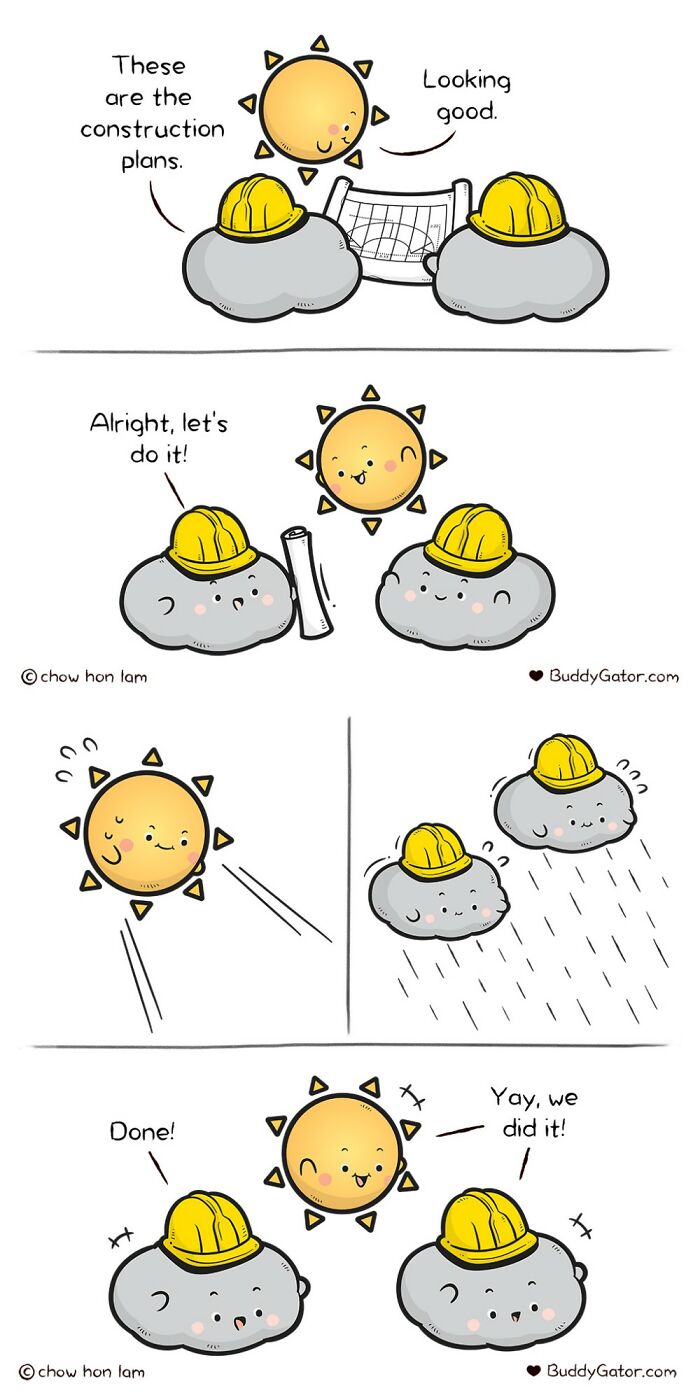 Wholesome comics: Sun and cloud characters in construction hats collaborate to build a rainbow.
