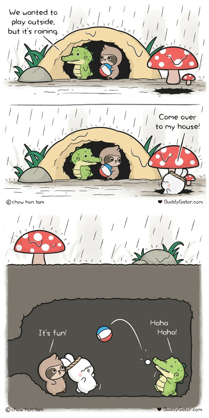 Wholesome comics: An alligator and friends play inside a mushroom house to escape the rain.