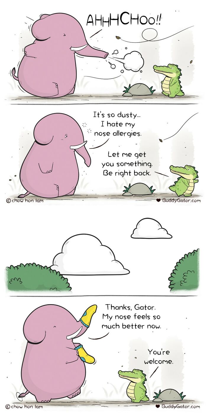 Wholesome comics: An alligator brings tissues to an elephant friend who is sneezing from allergies.