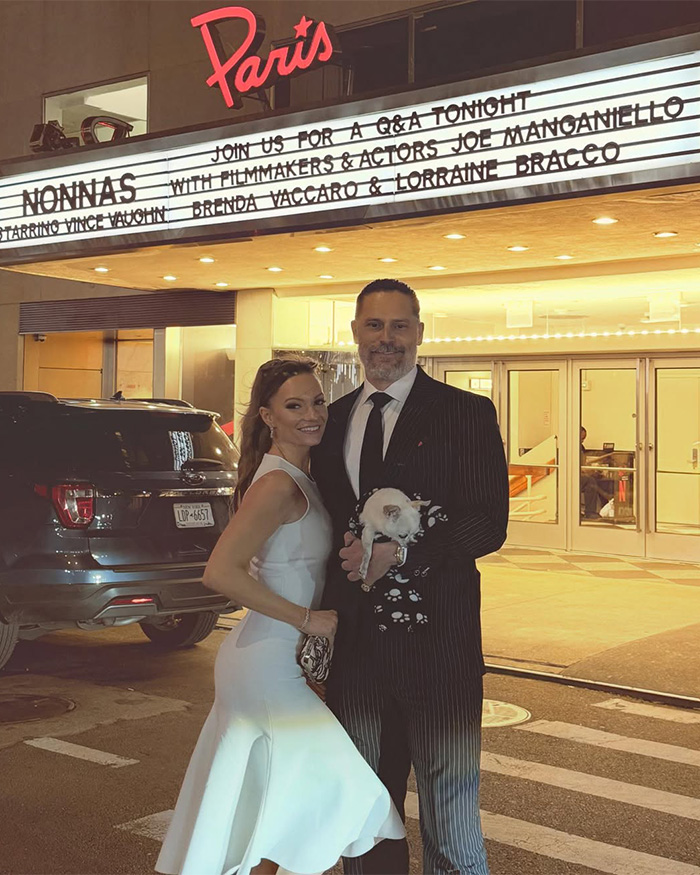 Joe Manganiello and a woman pose outside the Paris theater, discussing his mystery illness and brutal side effects.