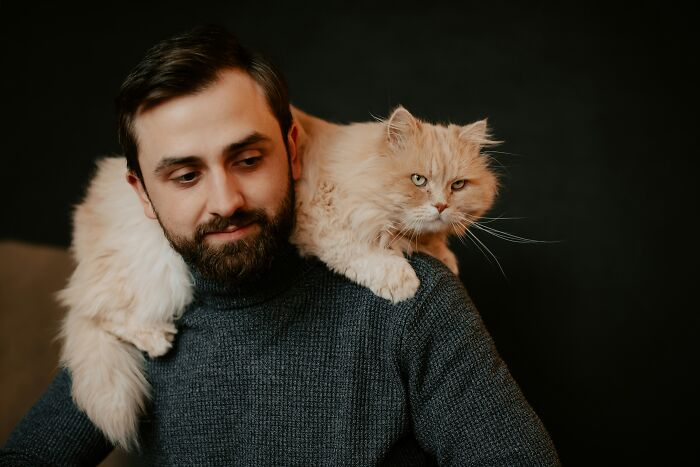 A man with a beard smiles as a fluffy cat rests on his shoulder, capturing moments women decide to marry their partner.