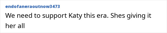 Katy Perry fan comment about supporting her new video era after implants backlash.