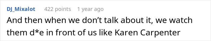 A comment about not talking about issues leading to severe consequences, referencing therapy. A comment about not talking about issues leading to severe consequences, referencing therapy.