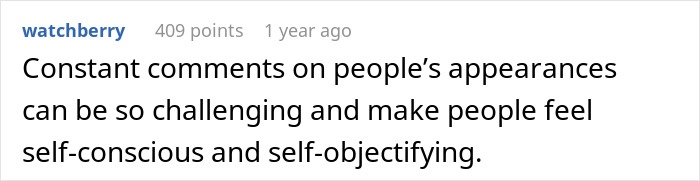 A comment discussing the challenges of constant appearance comments and their impact, similar to Knightley's therapy journey. A comment discussing the challenges of constant appearance comments and their impact, similar to Knightley's therapy journey.