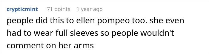 A comment mentioning Ellen Pompeo's experience with unwanted comments, linking to Keira Knightley and therapy. A comment mentioning Ellen Pompeo's experience with unwanted comments, linking to Keira Knightley and therapy.