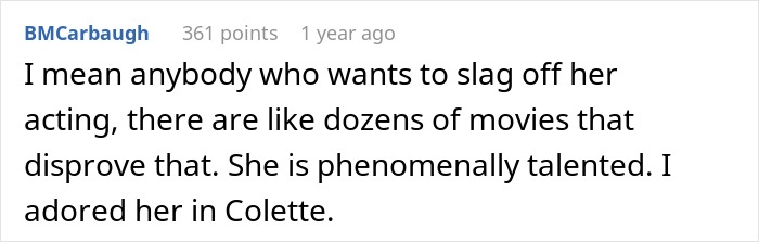 A comment praising Keira Knightley's talent, noting her role in Pirates of the Caribbean and Colette. A comment praising Keira Knightley's talent, noting her role in Pirates of the Caribbean and Colette.