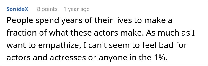 A comment discussing actors' earnings and Keira Knightley's therapy in relation to fame from Pirates of the Caribbean. A comment discussing actors' earnings and Keira Knightley's therapy in relation to fame from Pirates of the Caribbean.