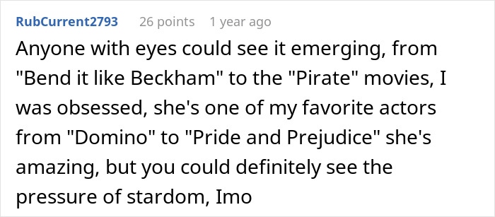 A user expresses obsession with Keira Knightley's roles, mentioning Pirates of the Caribbean and the pressure of stardom. A user expresses obsession with Keira Knightley's roles, mentioning Pirates of the Caribbean and the pressure of stardom.