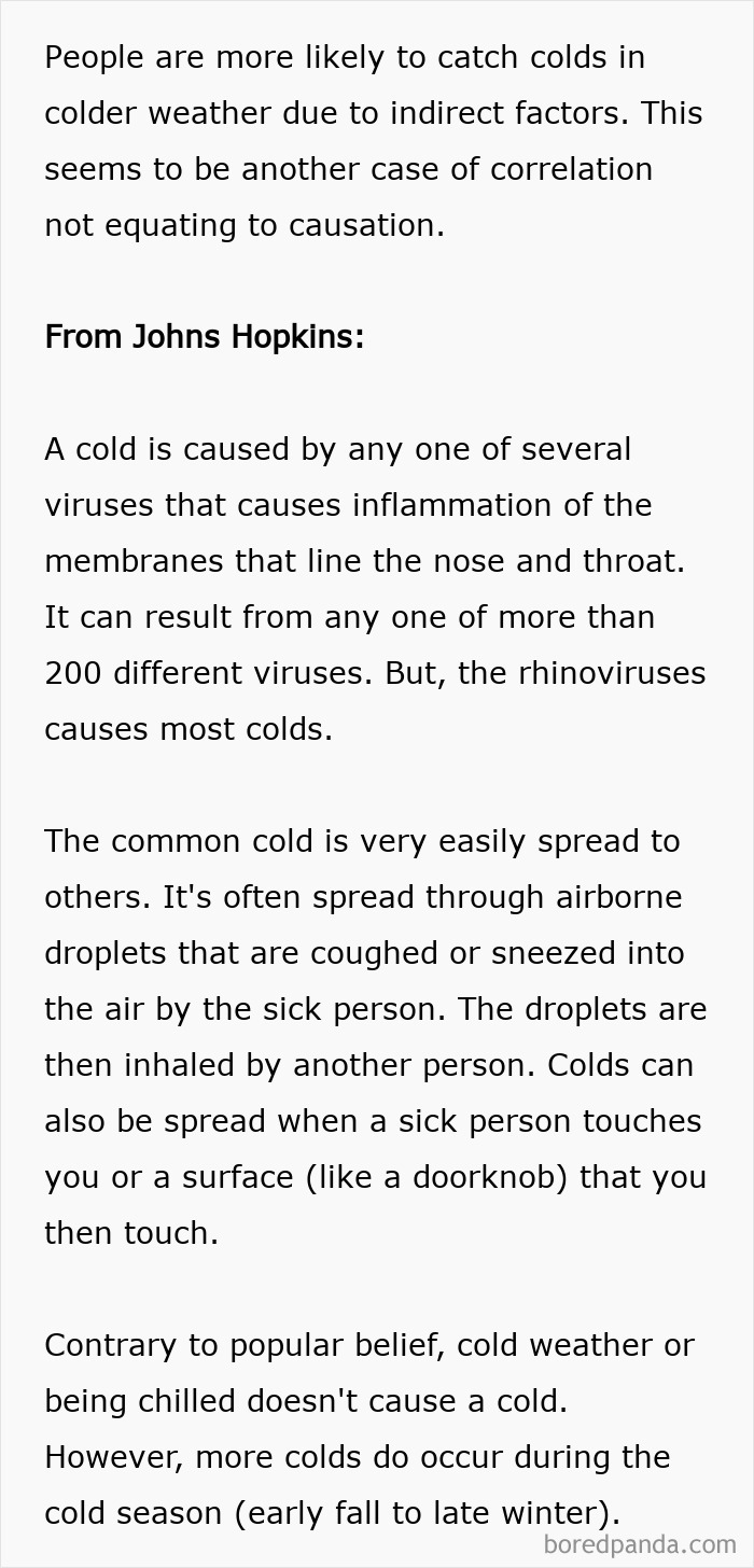 Text explaining common cold causes, debunking cold weather myth