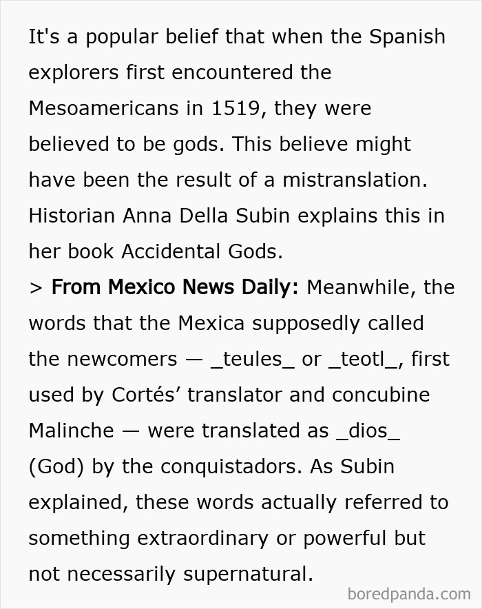 Misinterpretation of Aztec words causing belief they thought Spanish were gods