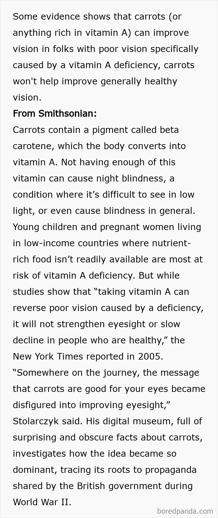 Vitamin A in carrots helps in vitamin A deficiency but doesn't improve general healthy vision