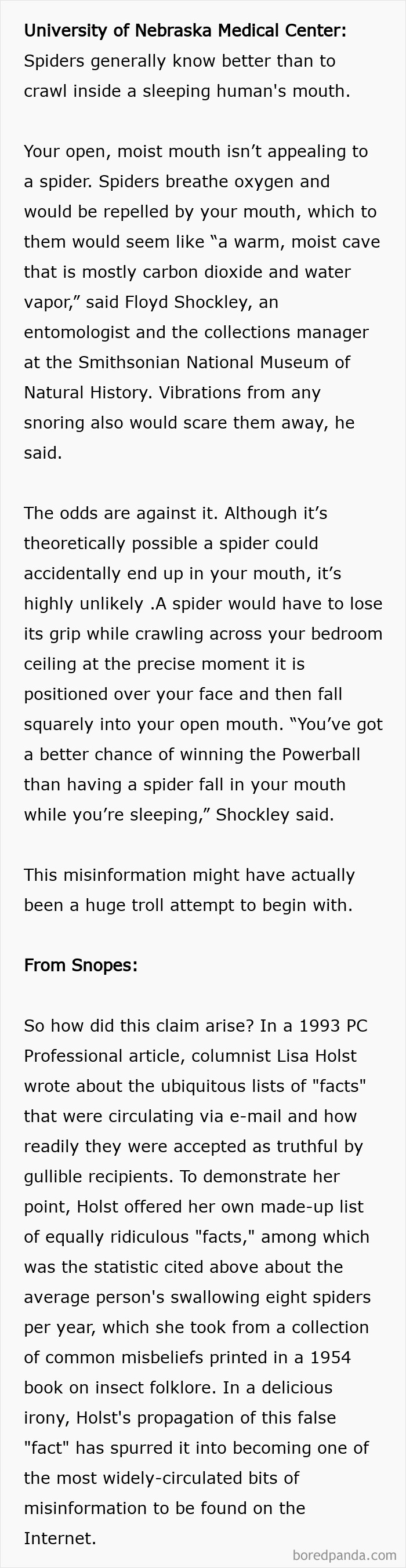Text debunking the myth about spiders crawling into sleeping humans' mouths