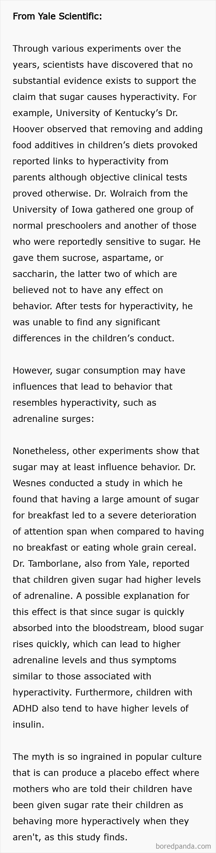 Scientific text on the myth that sugar causes hyperactivity in children