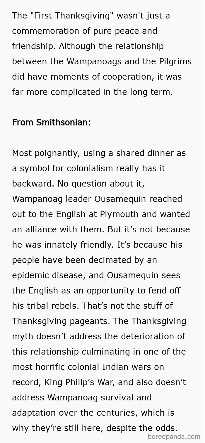 Text debunking the myth of a peaceful First Thanksgiving and colonial Wampanoag relations