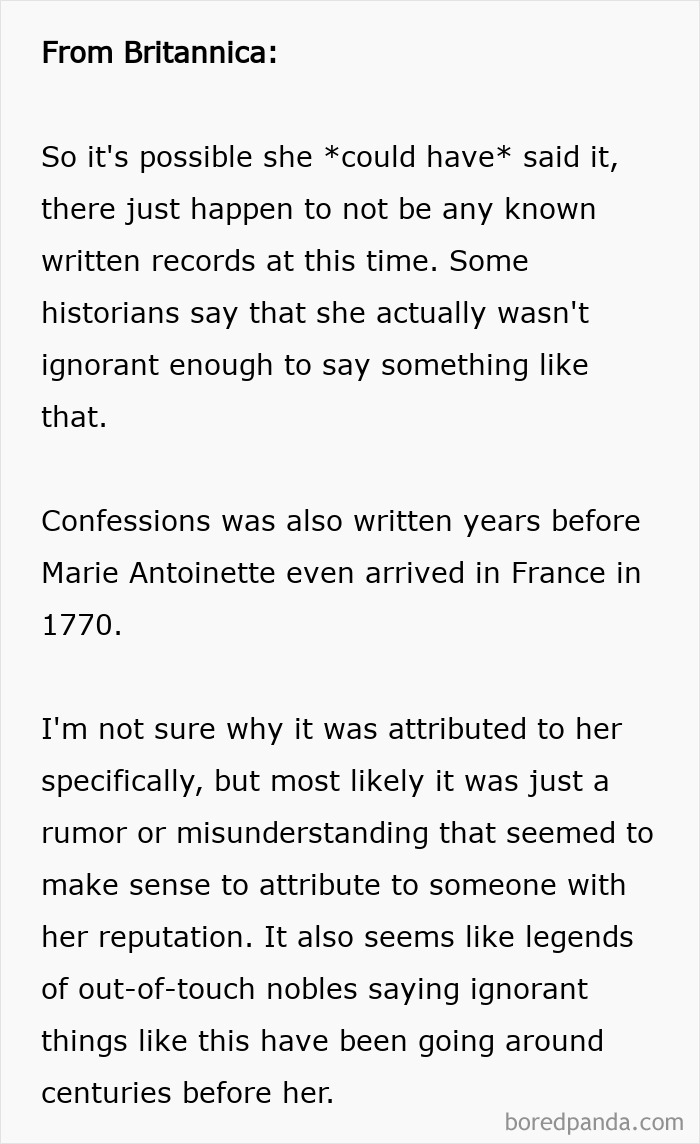 Text explaining the myth about Marie Antoinette's quote and historical misattributions