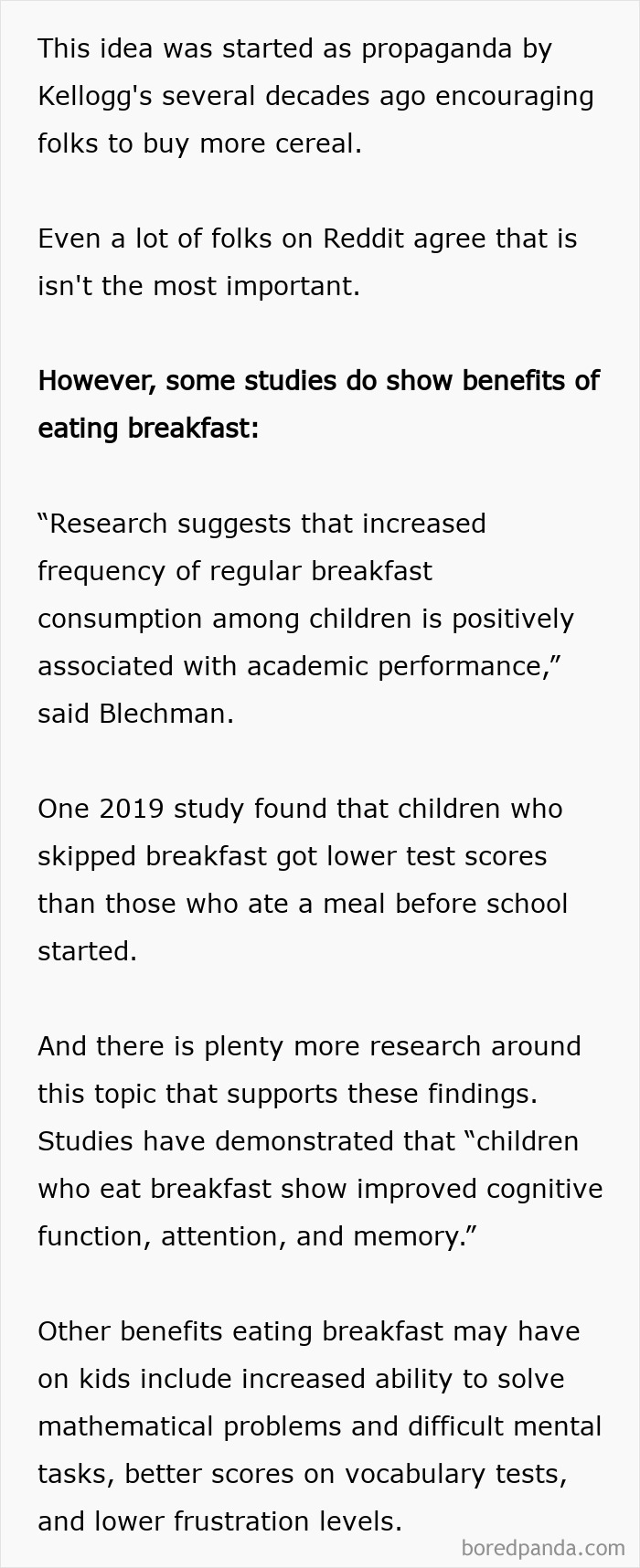 Text discussing benefits of eating breakfast supported by studies