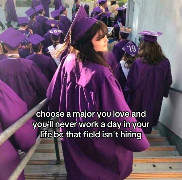 Graduates in purple gowns at ceremony with caption about choosing a major and job market