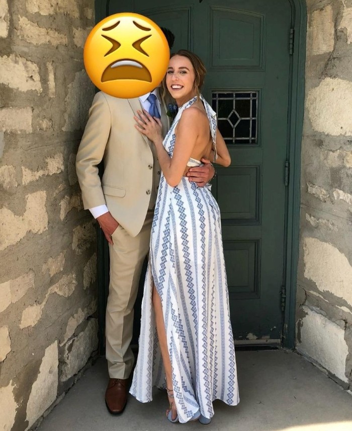 Woman in a patterned dress with a man whose face is an emoji, making a wedding attire mistake. Woman in a patterned dress with a man whose face is an emoji, making a wedding attire mistake.