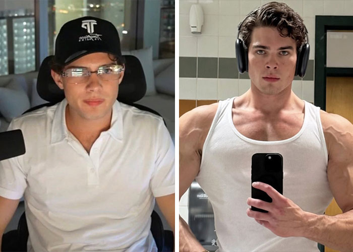 Side-by-side photos of a man before and after looksmaxxing transformation Side-by-side photos of a man before and after looksmaxxing transformation