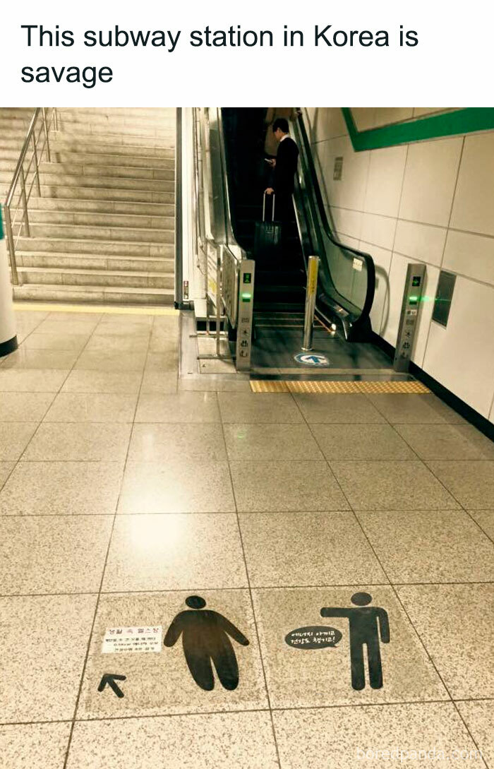 A blursed meme with a photo of a subway station in Korea with floor markings depicting a person pointing and another with an arrow.