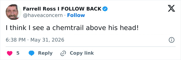 Tweet about spotting a chemtrail above a person's head in MAGA politician discussion