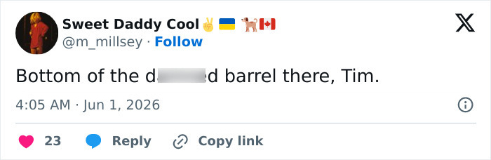 Tweet referring to bottom of barrel comment in MAGA politician Freedom 250 concert discussion