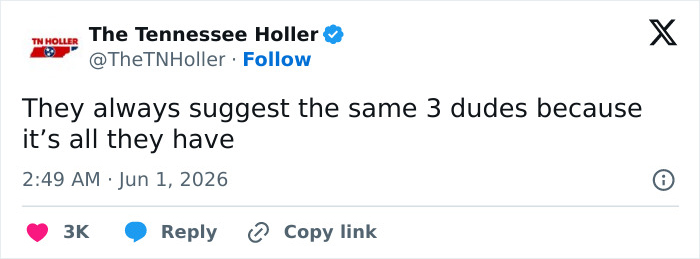Tweet criticizing repetitive artist suggestions for Freedom 250 concert lineup by MAGA politician